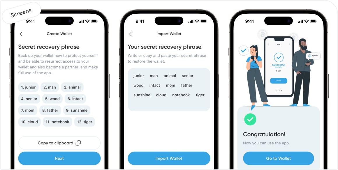 Онбординг Crypto Wallet: секретная фраза, импорт кошелька