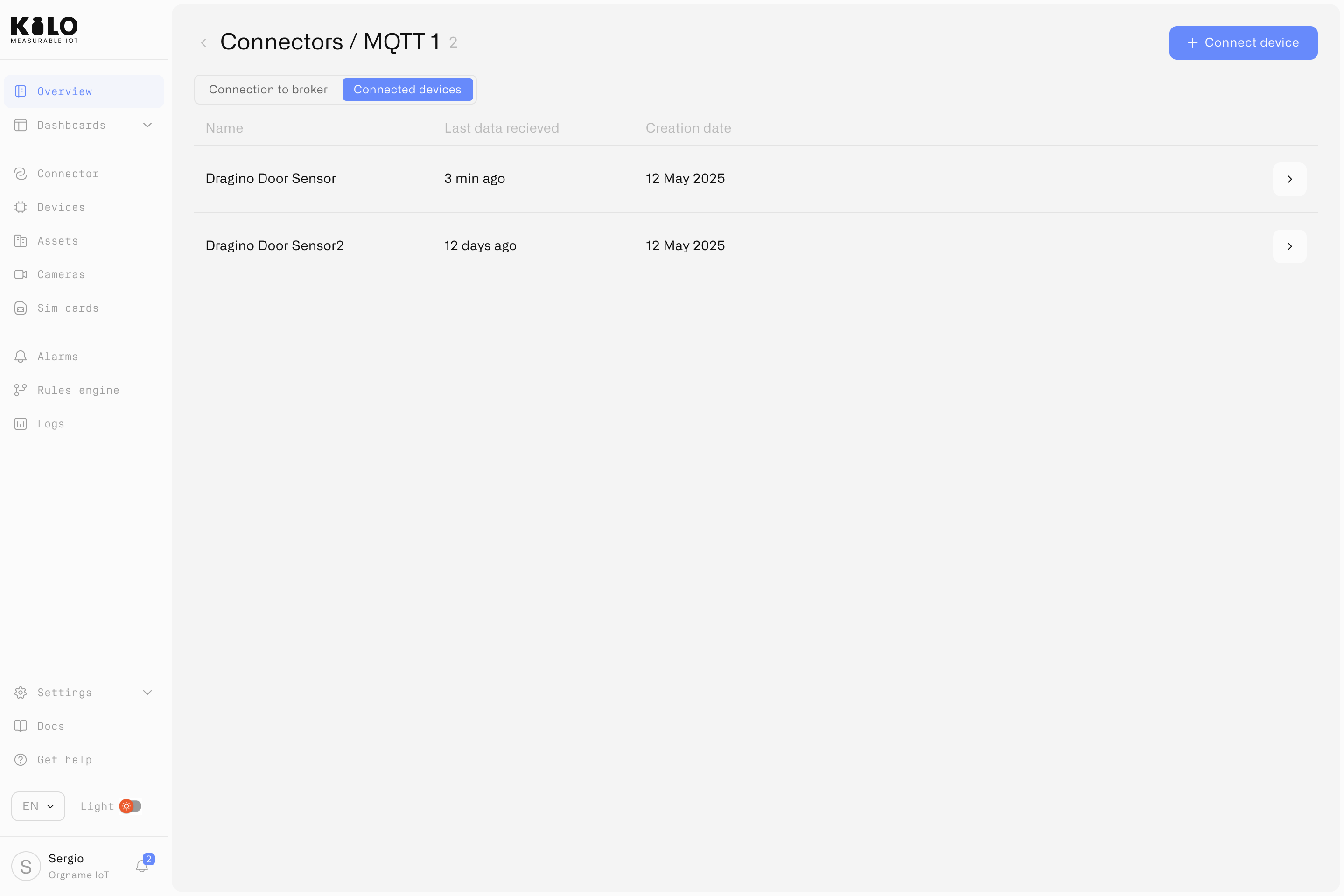 Список устройств, подключённых через коннектор MQTT в Kilo IoT
